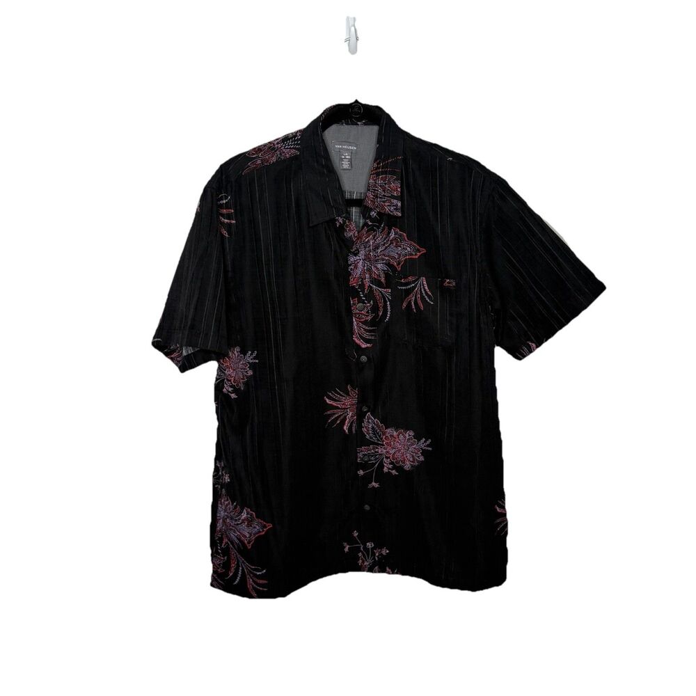 Van Heusen Hawaiian  Black Red Purple Button Up Shirt Polyester Size Large Men's